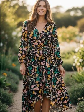 Bar III Floral Wrap Midi Dress - Black Multi